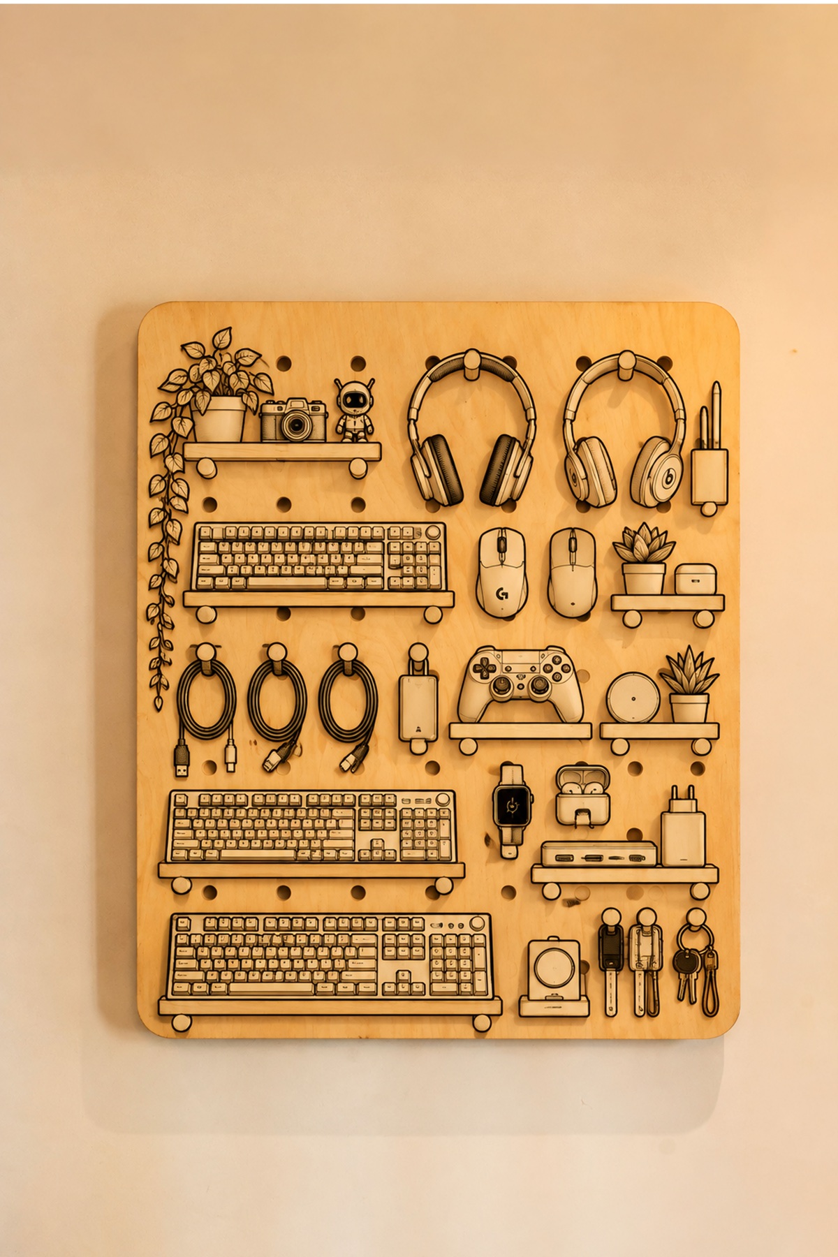 DIWAR pegboard styled for Tech Desk